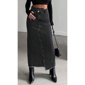 Women's Black Denim Maxi Skirt High Waist Frayed Asymmetrical Hem 90s Grunge S